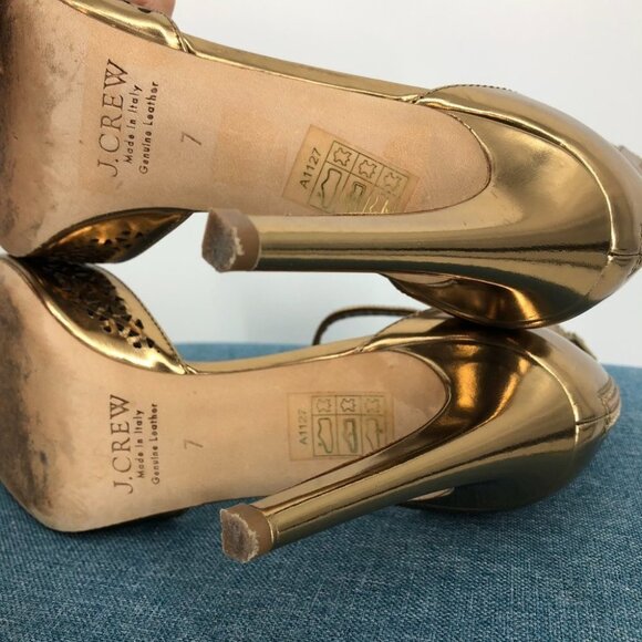 J.Crew Gold Perforated Pointed Toe Ankle Strap Natasha Mirror Metallic Heels 7 - Picture 6 of 15